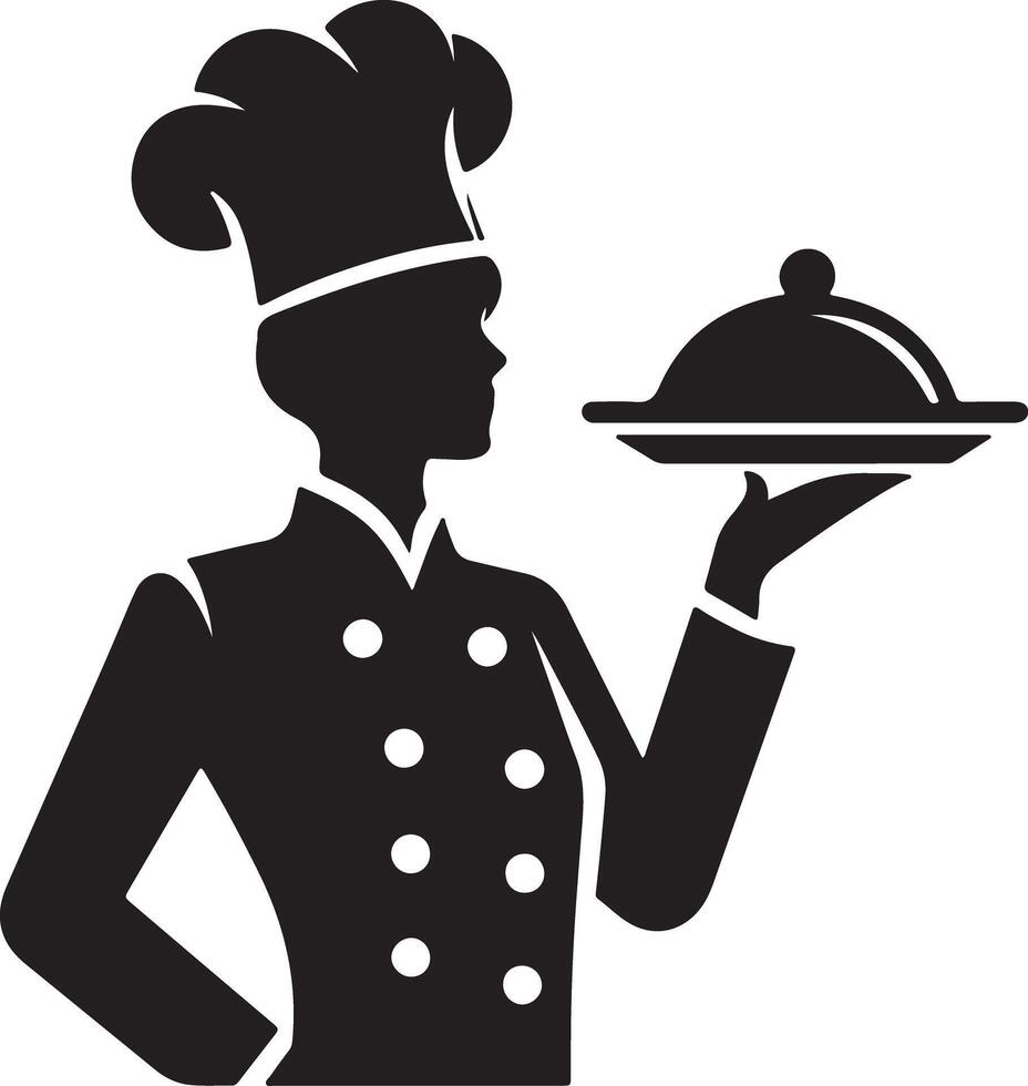 Silhouette of a chef holding a covered dish on a white background illustration vector