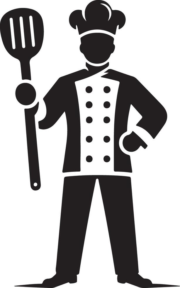 A black and white illustration of a chef holding a spatula with a white background vector