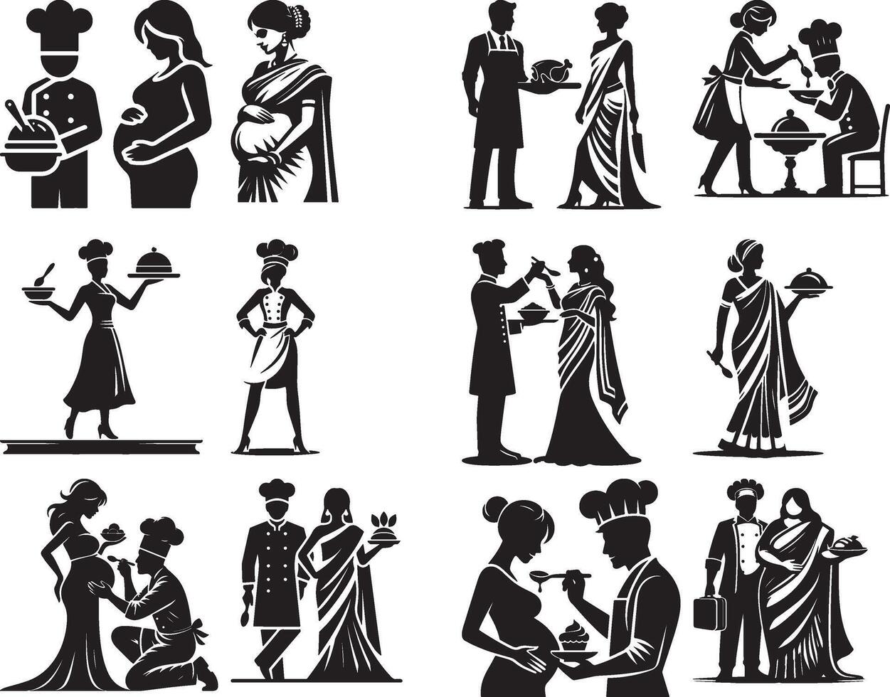 A collection of black and white silhouette illustrations featuring chefs and pregnant women in various poses vector