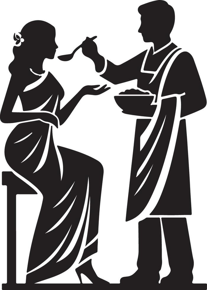 Silhouette of a man feeding a woman sitting on a stool with a spoon and a bowl vector