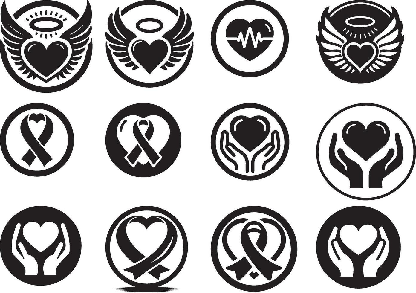 Collection of black and white charity and health related heart and ribbon icons in circles design vector