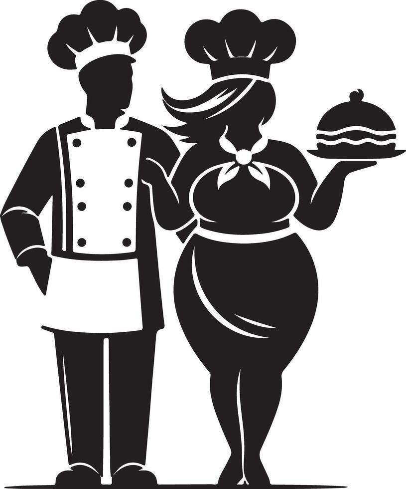 Silhouette of male and female chefs with cake in black and white illustration vector