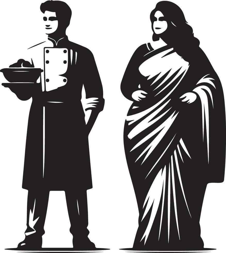 Chef holding bowl next to woman in saree in black and white illustration vector