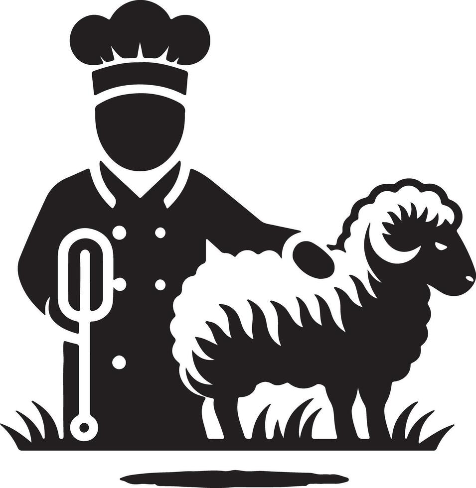Chef with spatula petting a sheep standing on grass in black and white illustration vector