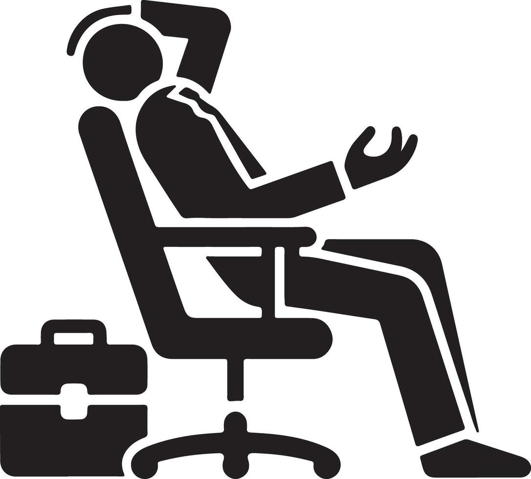 A black and white illustration of a man in a suit sitting back in a chair with a briefcase beside him vector