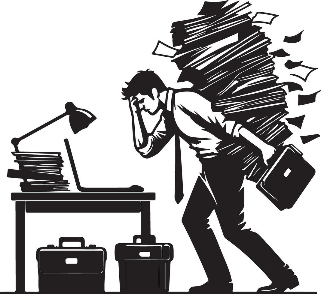 Man carrying large stack of papers with laptop and briefcase in black and white illustration style vector