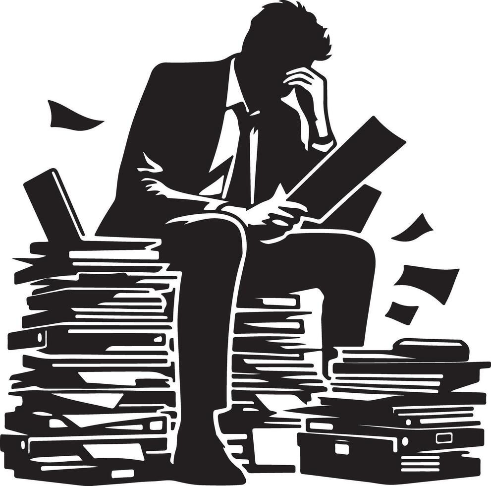 Silhouette of a stressed businessman sitting on a pile of papers with documents and laptop around him vector