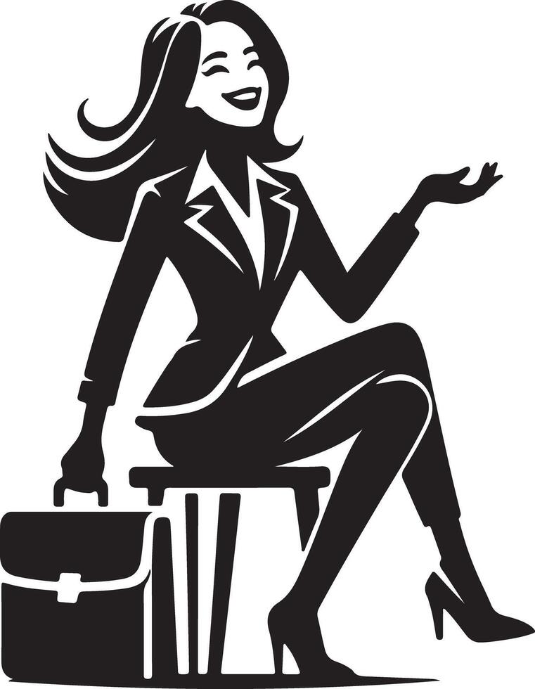A black and white illustration of a woman in a business suit sitting on a stool with a briefcase vector