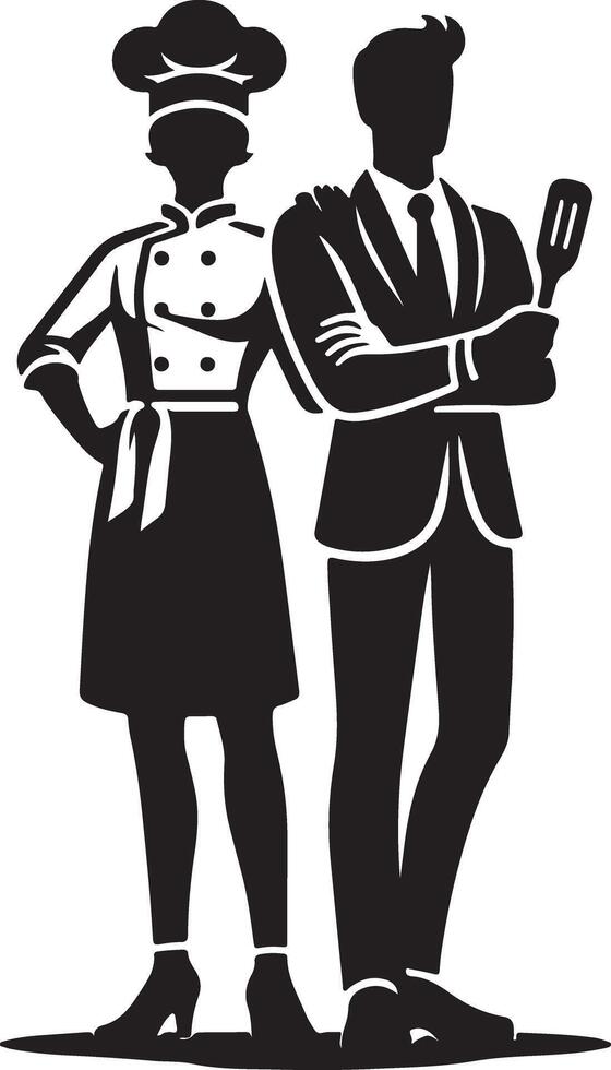 Silhouette of chef and manager posing together in black and white illustration vector