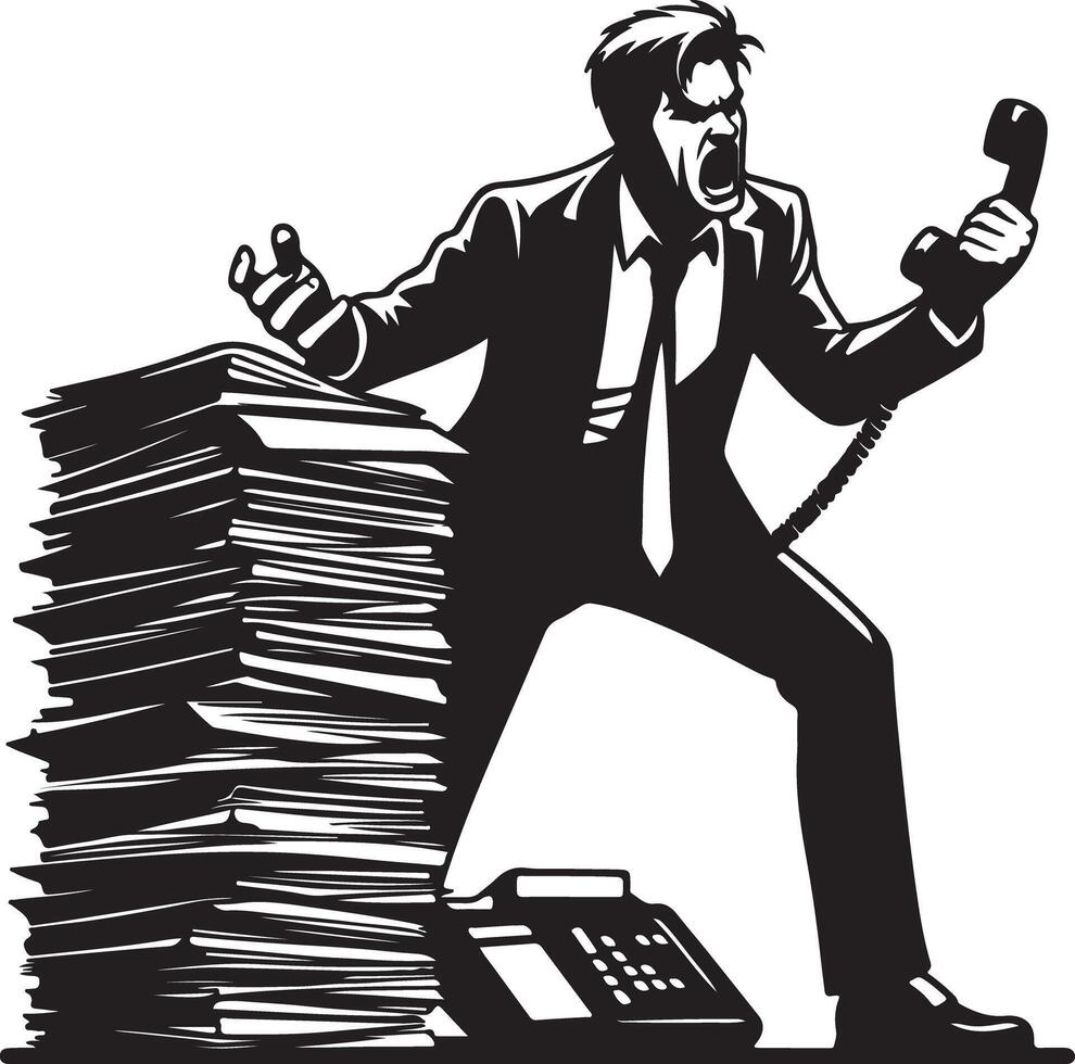 An angry businessman yelling into a phone next to a large stack of papers and a desk phone in black and white vector