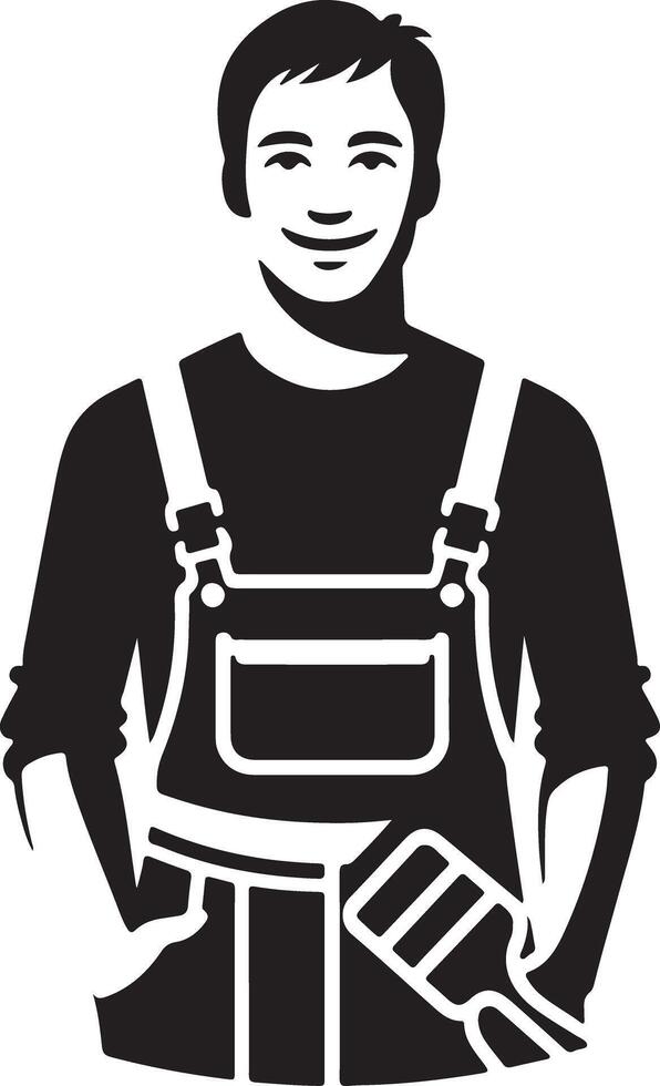 A black and white graphic of a smiling man wearing overalls and holding a paintbrush in his pocket vector