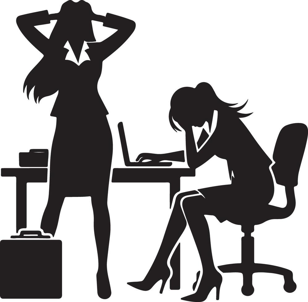 Silhouette of two businesswomen expressing stress and frustration in an office environment with desks vector