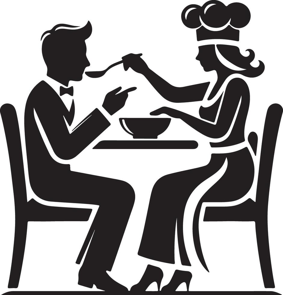 Silhouette illustration of a chef feeding a person at a table with a bowl of food vector