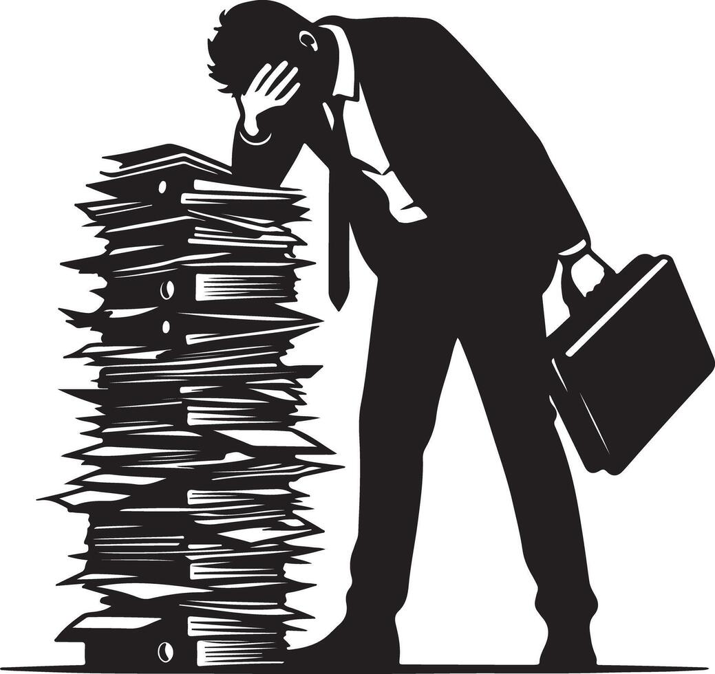 Silhouette of a stressed businessman with a large stack of files and a briefcase in black and white vector