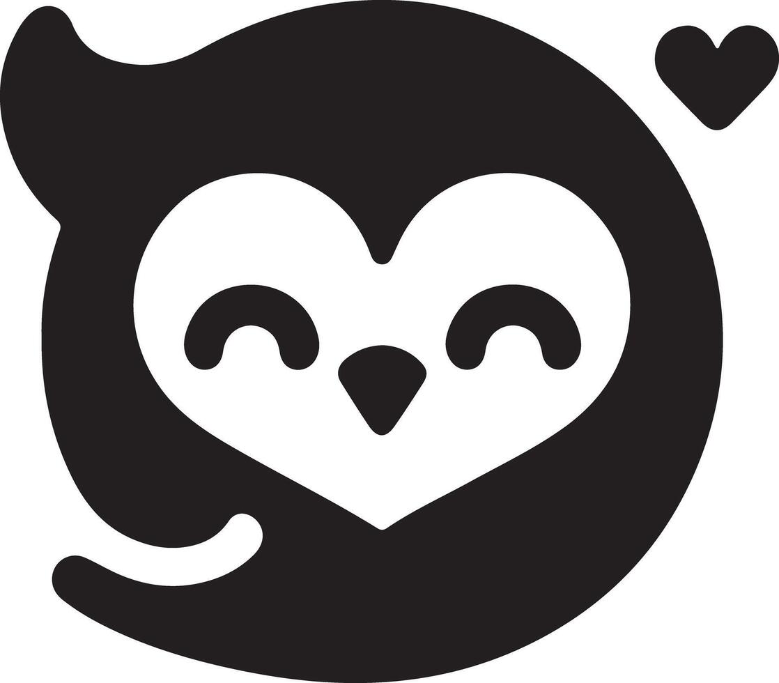 A black and white graphic of an owl with a heart shaped face and a small heart icon vector