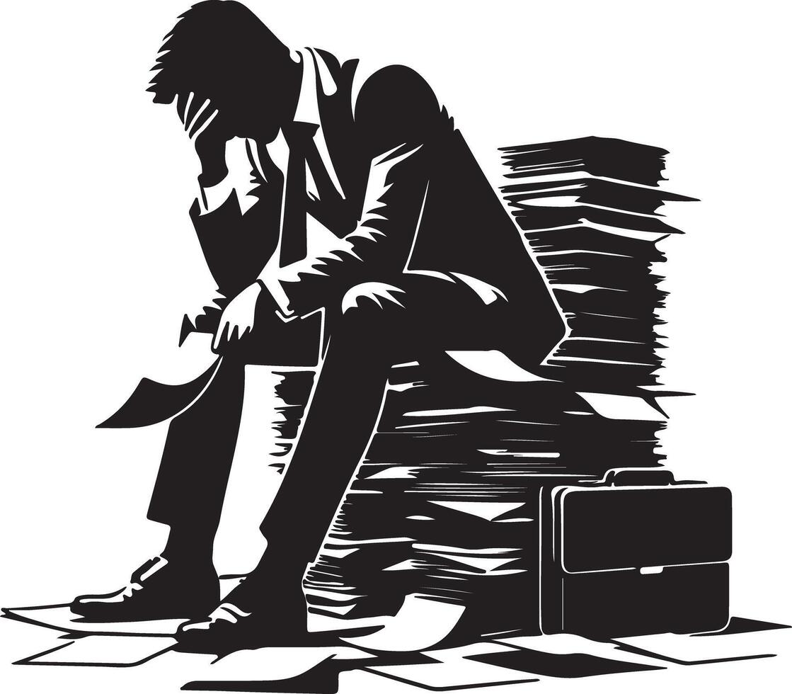 A silhouette of a stressed businessman sitting on a stack of papers with his briefcase nearby vector