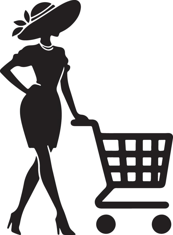 Silhouette of a woman in a hat with a shopping cart in black and white minimalist design vector