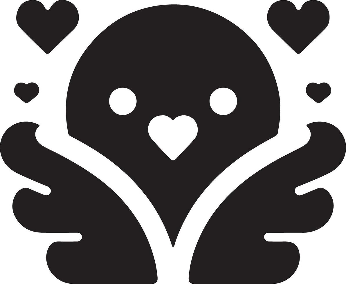 A black and white illustration of a bird with hearts floating around its head area vector
