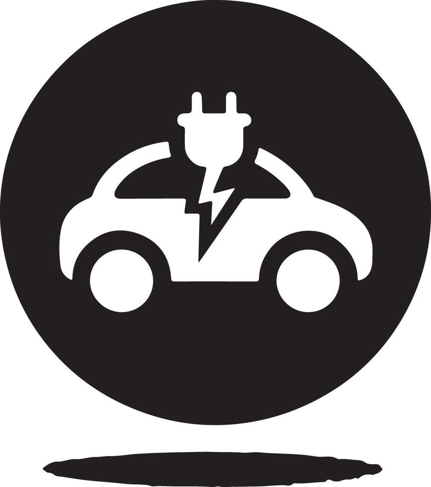 White electric car icon with plug and lightning bolt in a black circle shape vector