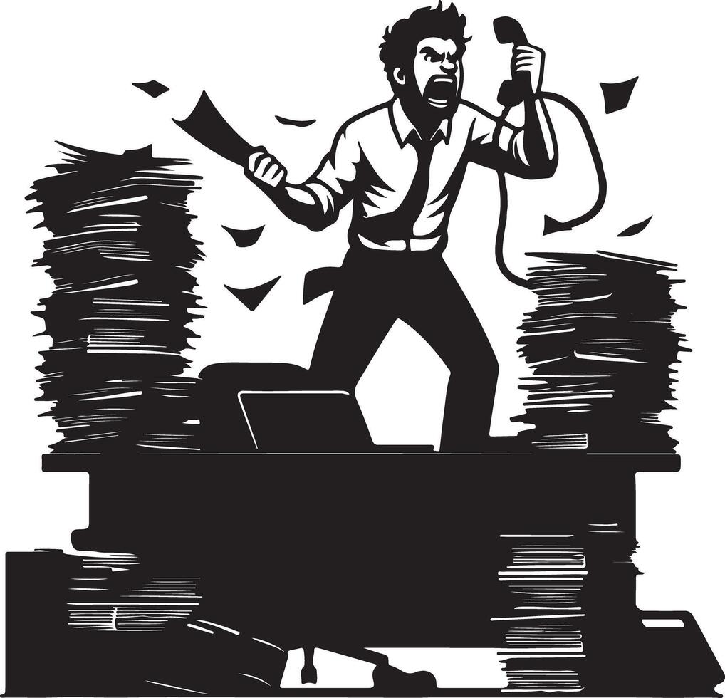 A frustrated man on a desk yelling at a phone with piles of paperwork in a black and white illustration vector