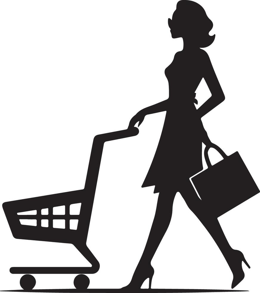 Silhouette of a woman pushing a shopping cart and holding a bag in a black and white illustration vector