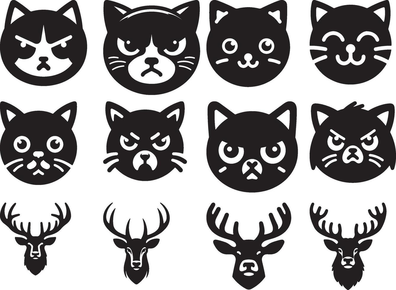 A collection of black and white images featuring cat faces and deer heads with antlers drawn vector