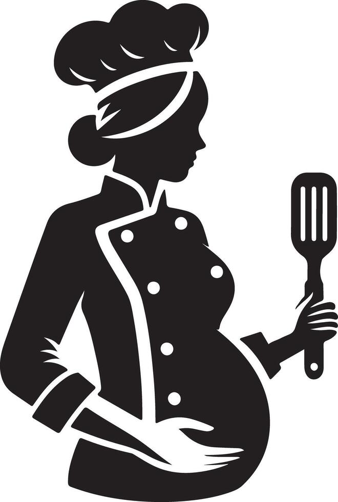 Silhouette of pregnant chef holding spatula wearing chef hat and uniform in black vector