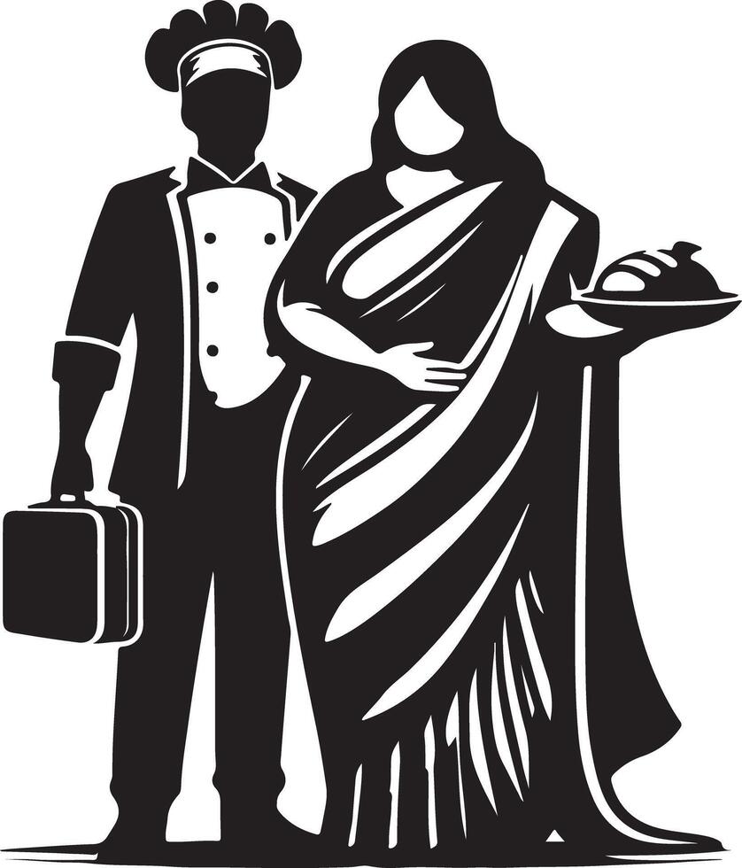 Chef with briefcase and woman in sari holding food on a platter in black and white vector