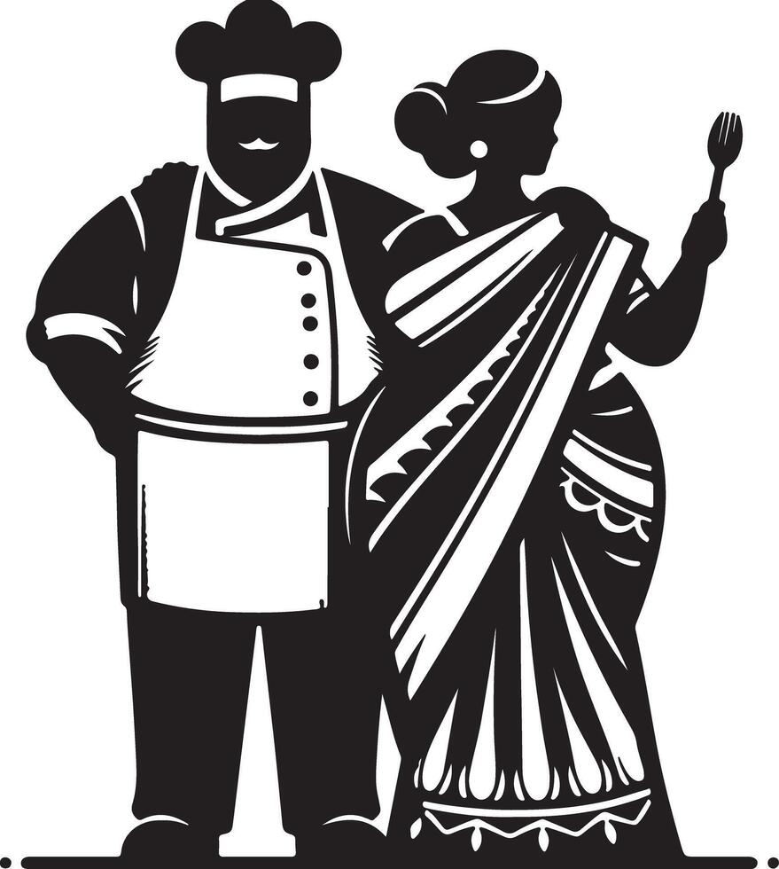 Silhouette of chef and woman in sari with fork in black and white illustration vector