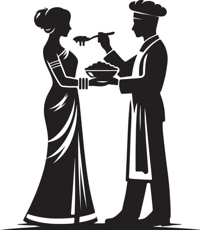 Silhouette of a chef feeding a woman in a saree with a spoon from a bowl of food vector
