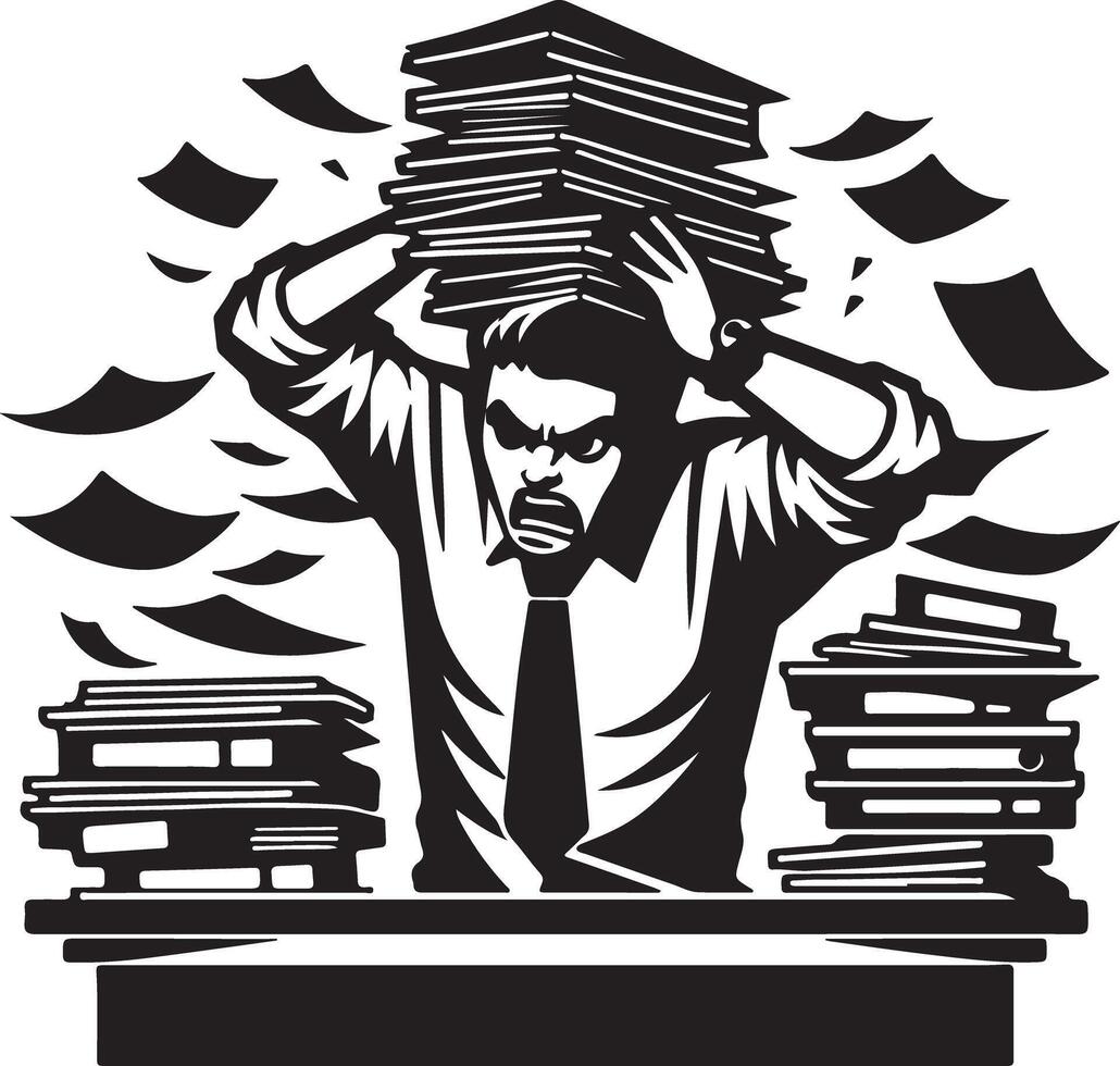 Stressed man with stack of papers on head and desk with flying documents in black and white illustration vector