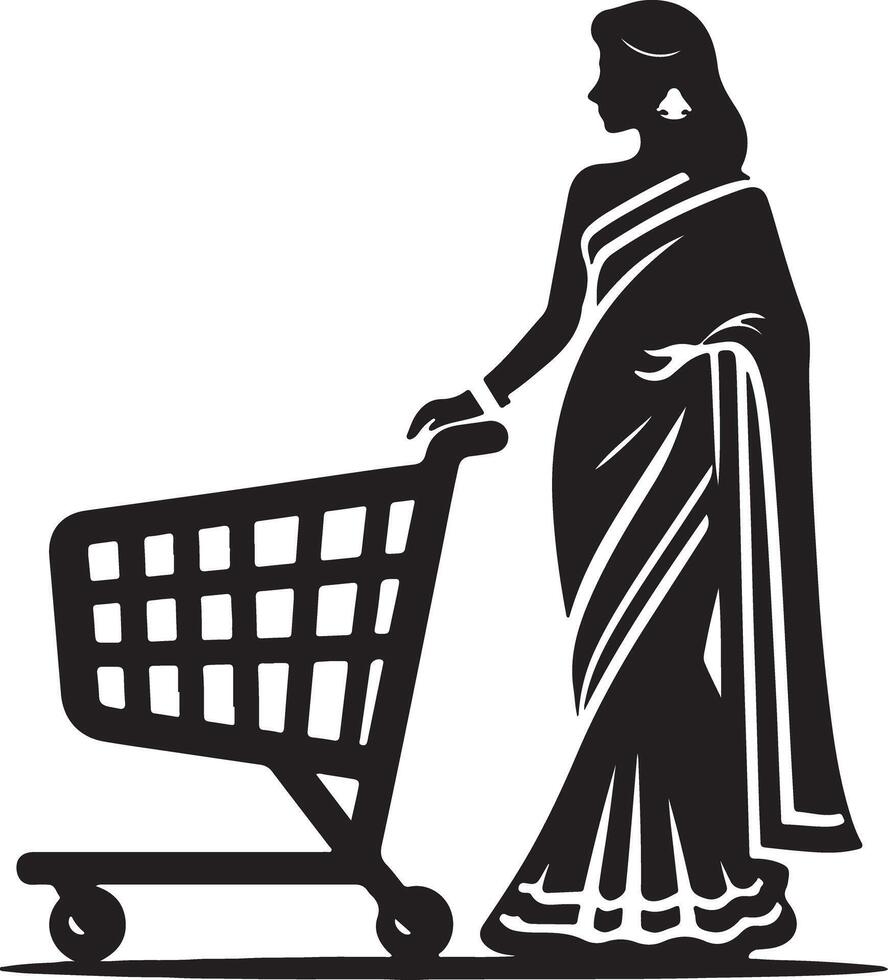 Silhouette of woman in saree pushing shopping cart in black and white illustration design style vector