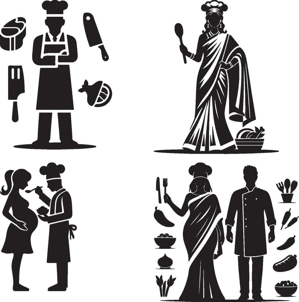 A compilation of chef illustrations with various themes and cultural representations in black and white vector