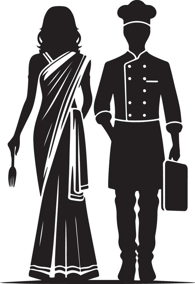 Silhouette of a woman in a sari holding a fork and a chef holding a cutting board vector