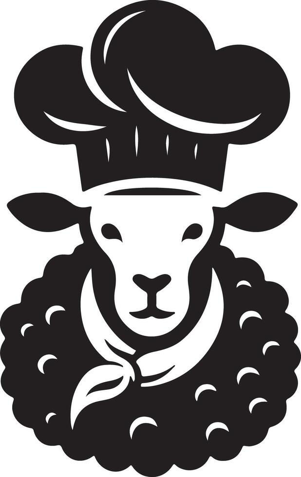 Illustration of a sheep wearing a chef's hat and scarf in black and white design vector