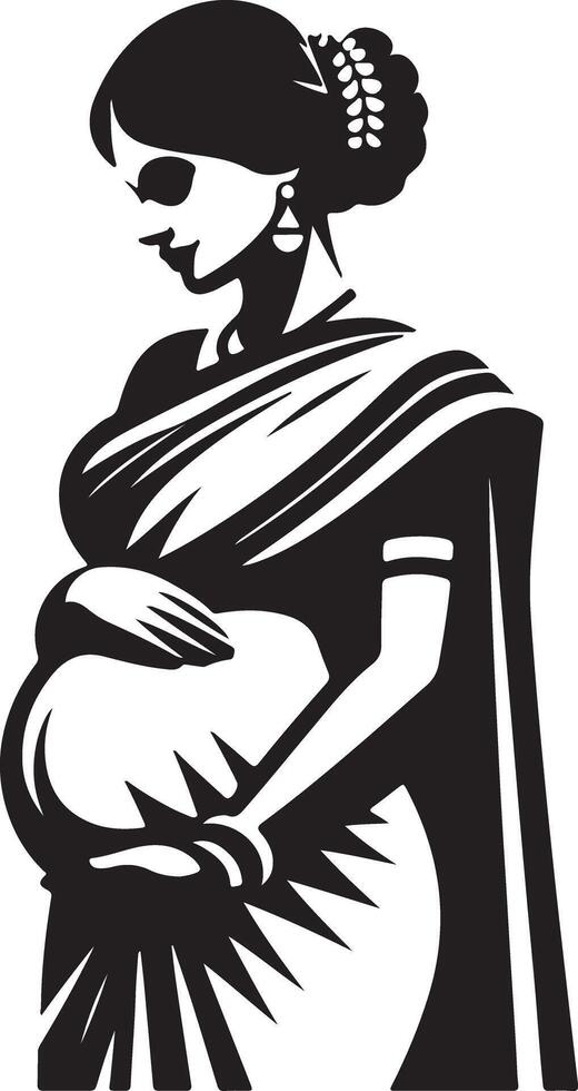 Illustration of a pregnant woman in a sari holding her belly in black and white vector