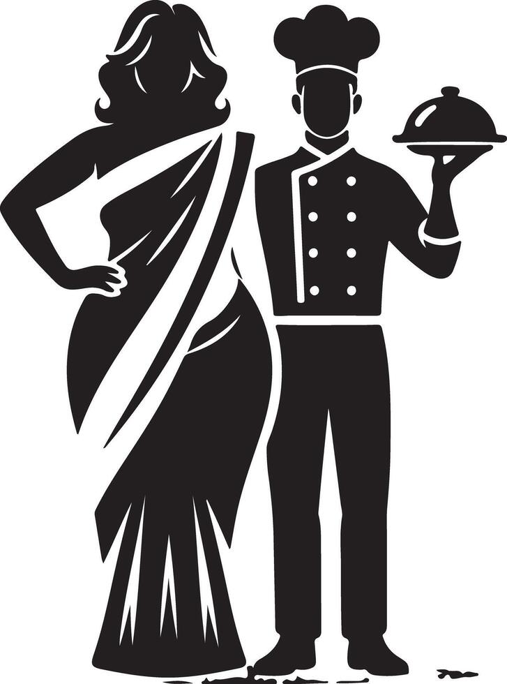 Silhouette of a woman in a sari and a chef holding a covered dish in black and white vector