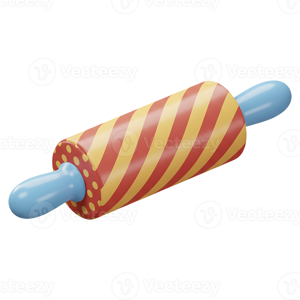 Colorful 3d render of a decorative striped rolling pin with blue handles png