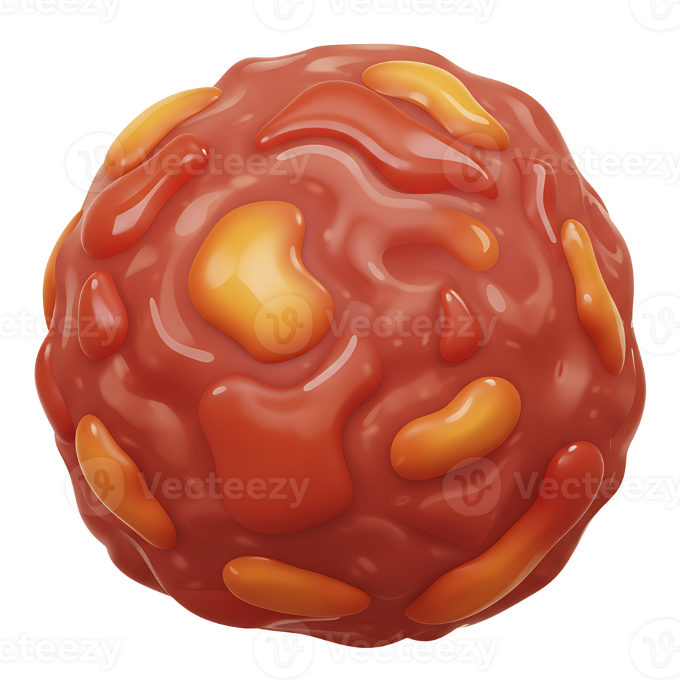 Abstract 3d render of a round red and yellow blob with shiny liquids and textures png