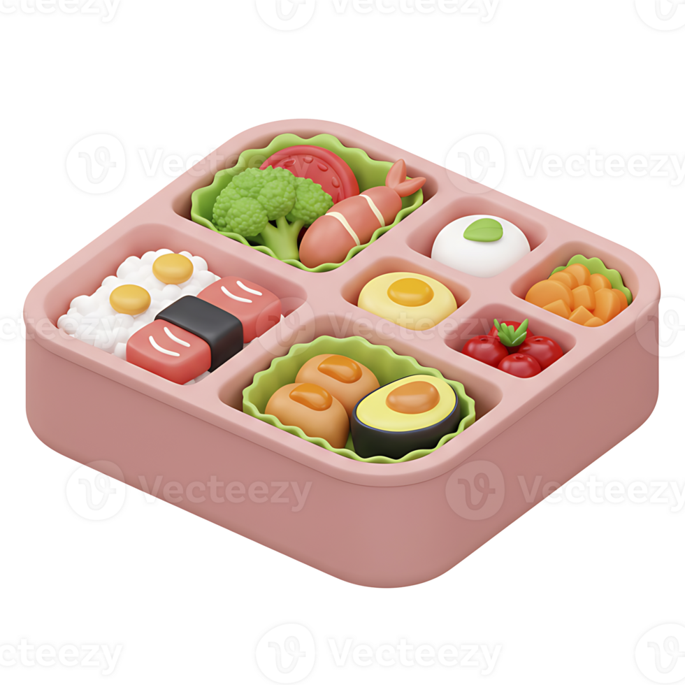 Adorable 3d rendered bento box featuring sushi rice avocado and colorful fresh lunch food png