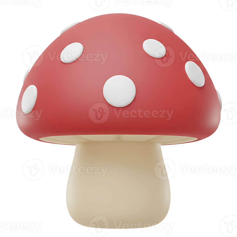 Cute 3d rendered mushroom illustration with red cap and white spots on isolated background png
