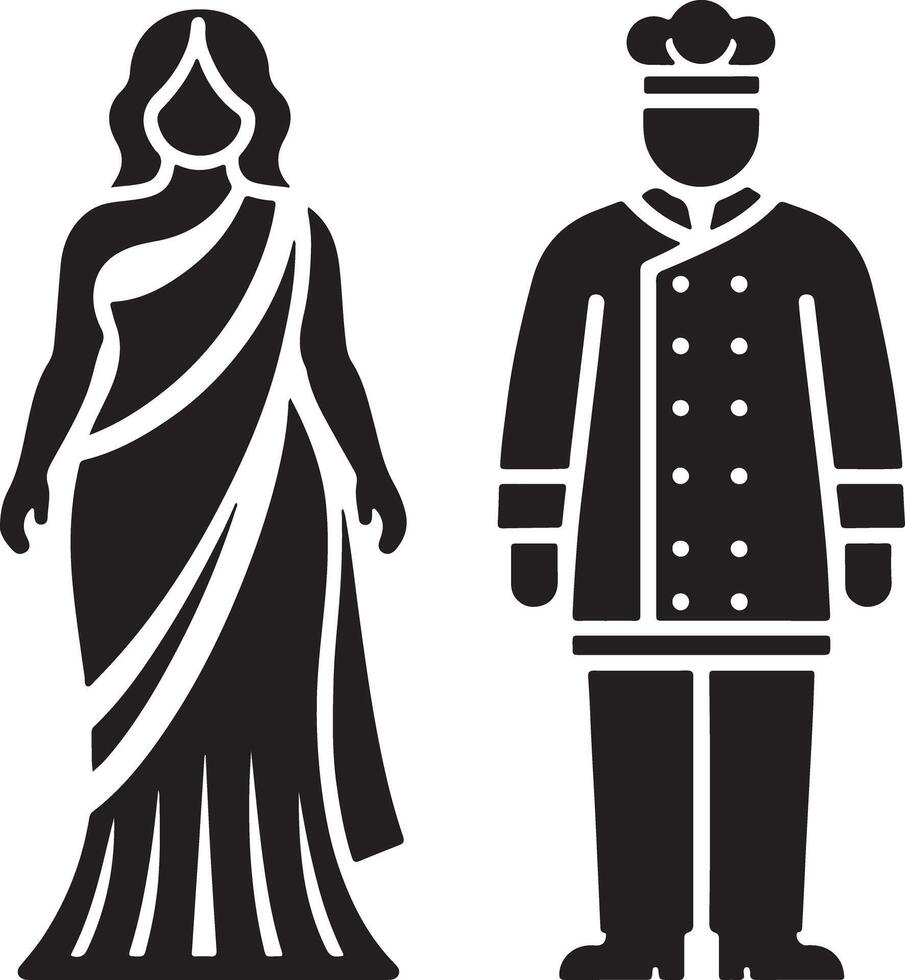 Illustration of a woman in a saree and a chef standing next to each other in black vector