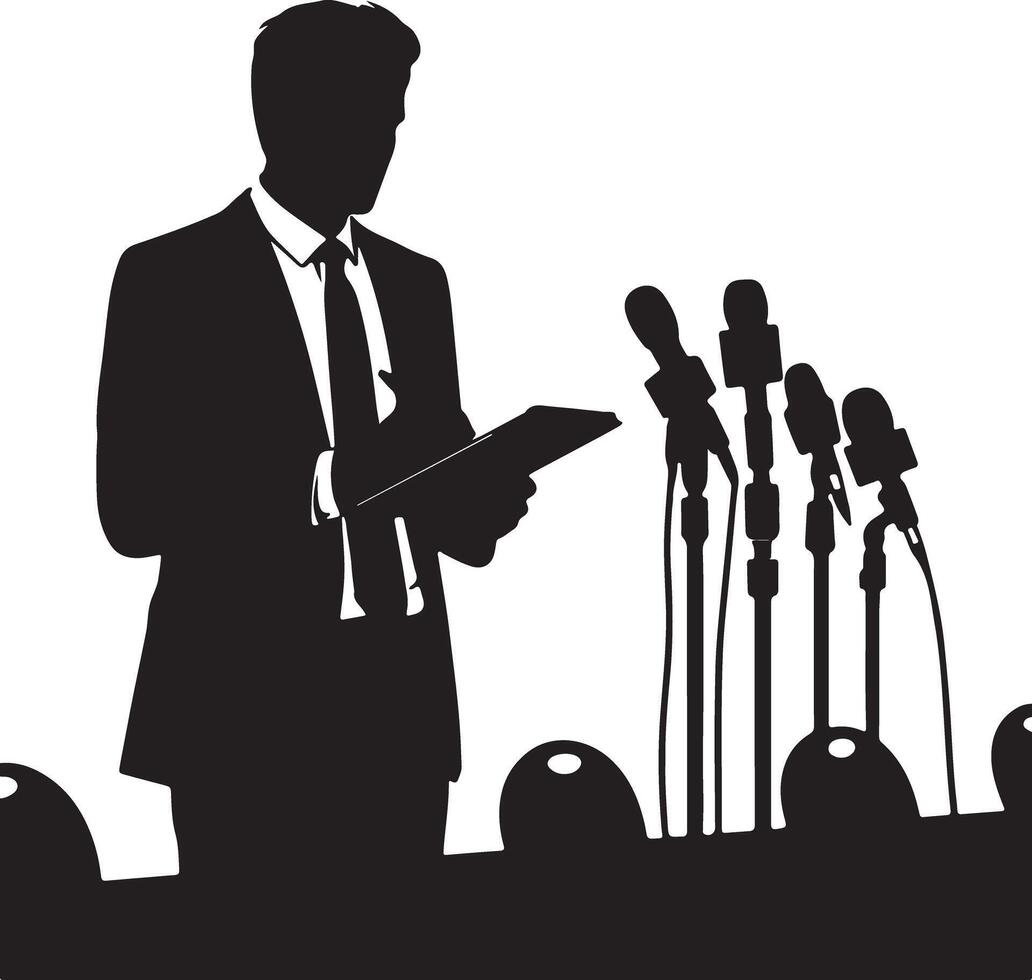 A silhouette of a man in a suit holding a document standing behind multiple microphones on a podium vector