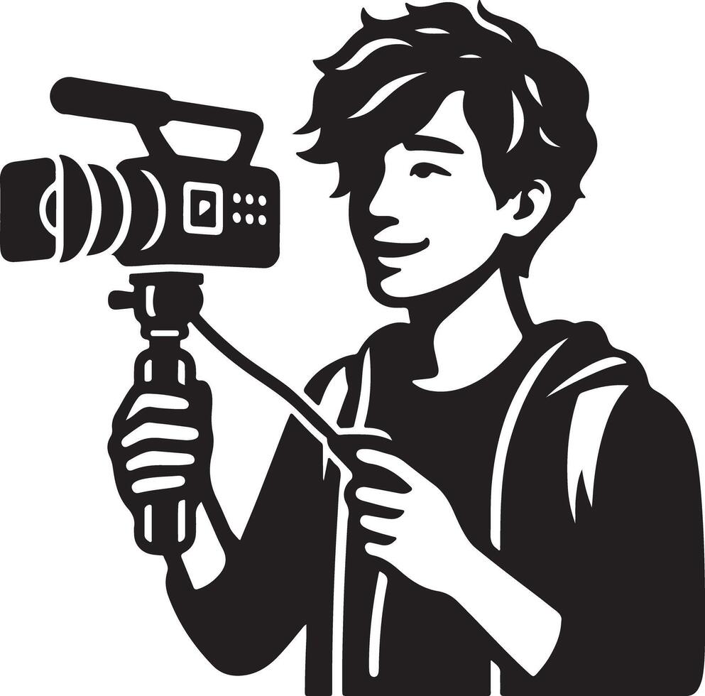 A young man holding a camera with a smile in a black and white illustration style image view vector