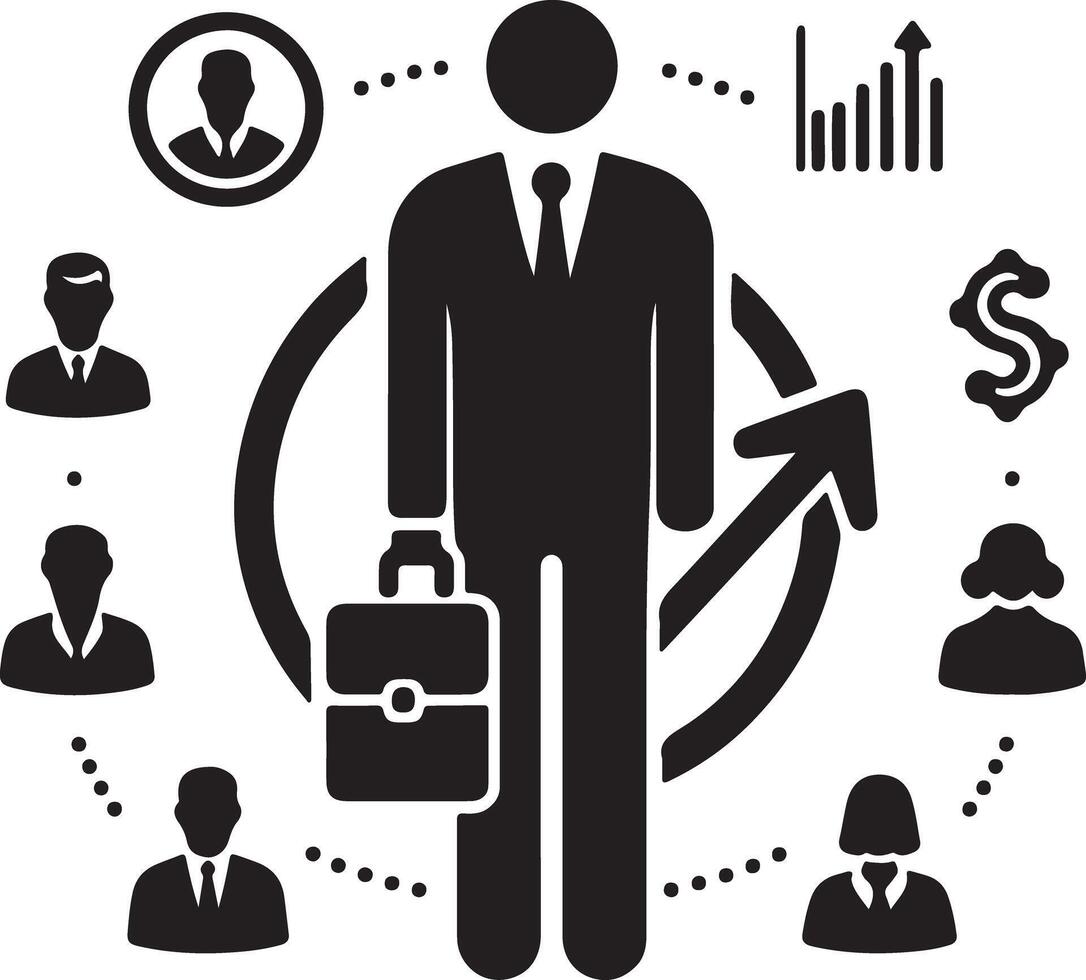 Illustration of a business person with briefcase surrounded by network and growth symbols in black and white vector