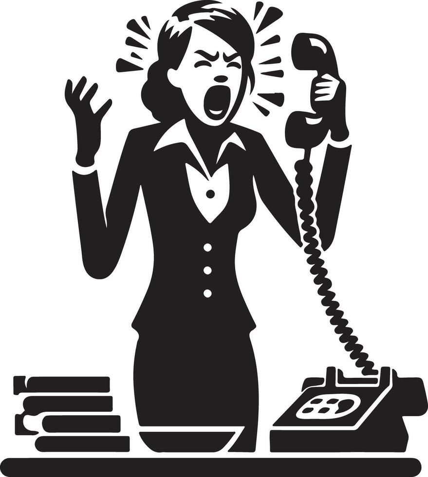 An angry businesswoman shouting into a telephone with books on the desk in a black and white image vector