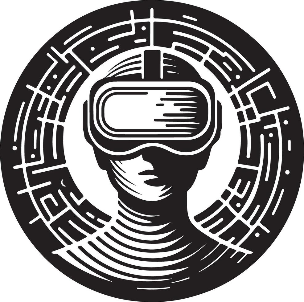 Stylized person wearing vr headset with maze design in a circular black emblem vector