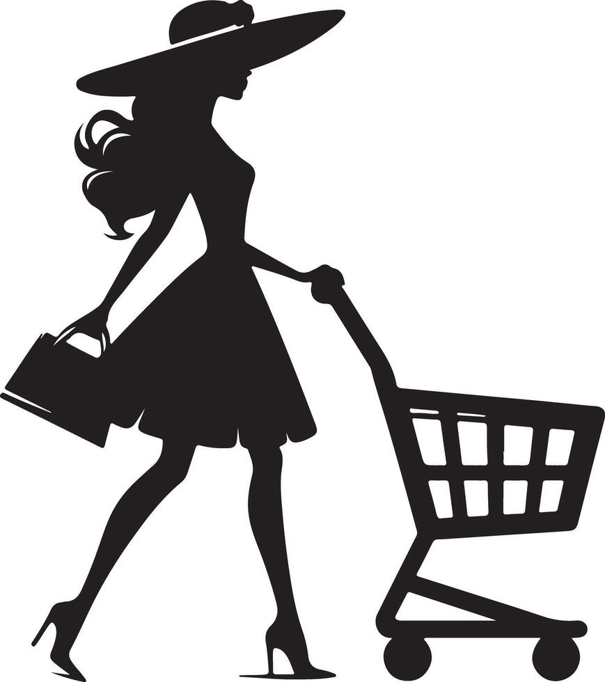 Silhouette of a woman with a hat pushing a shopping cart and carrying a shopping bag in her hand vector