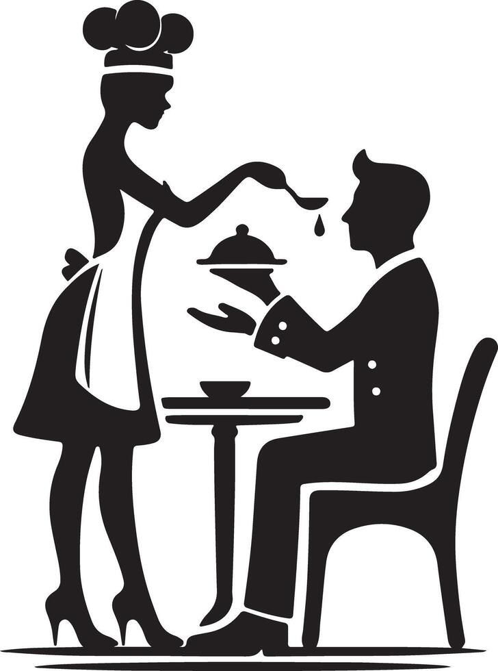 Silhouette of chef serving food to a seated man at a table in black and white vector