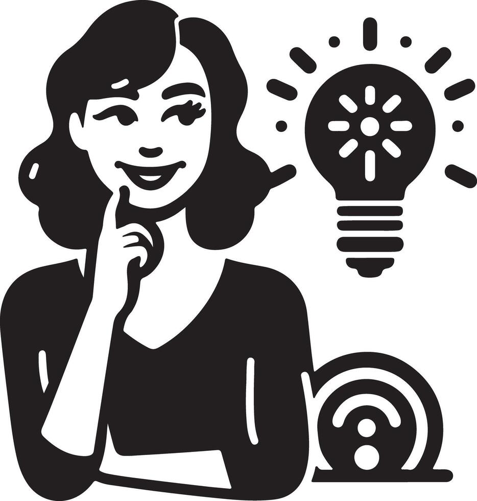 A woman with an idea standing next to a lightbulb and a wifi symbol in a black and white illustration vector